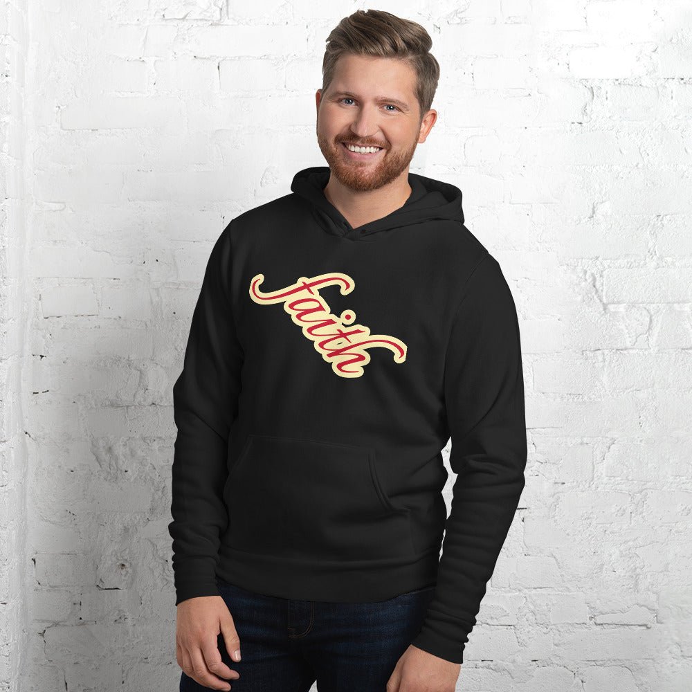 Unisex Black pullover Hoodie with Faith in Red letters and outlined in Butterscotch