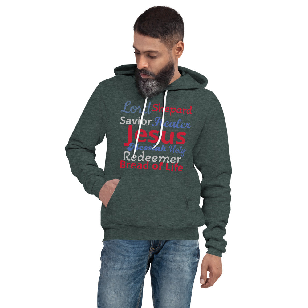 Unisex Forest Green Pullover Hoodie with Lord, Savior, Healer, Jesus, Holy, Redeemer and Bread of Life written in different colors