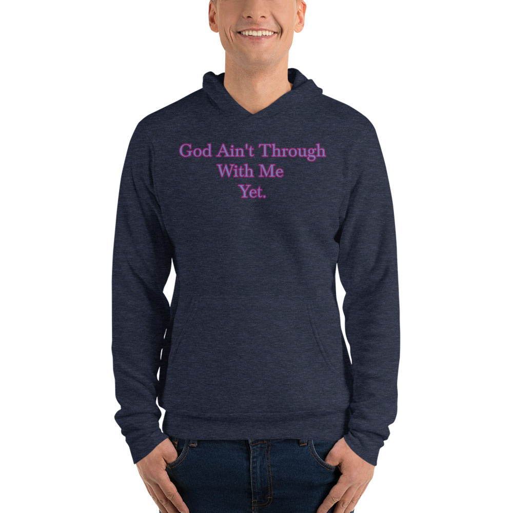 Navy Unisex Hoodie with God Ain't through with me yet in Purple letters outline in Burgundy