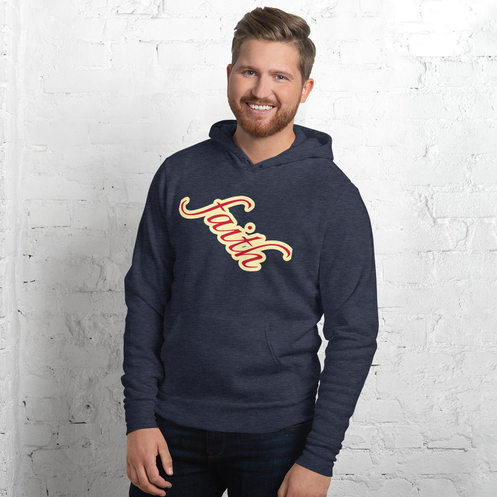 Unisex Pullover Hoodie with faith in Red letters and outlined in butterscotch