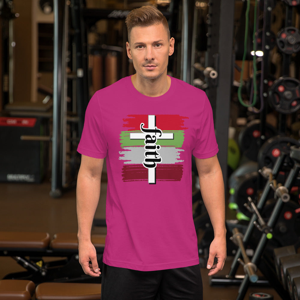 Berry Unisex t-shirt with faith in Black letters, white cross and four different brushes colors