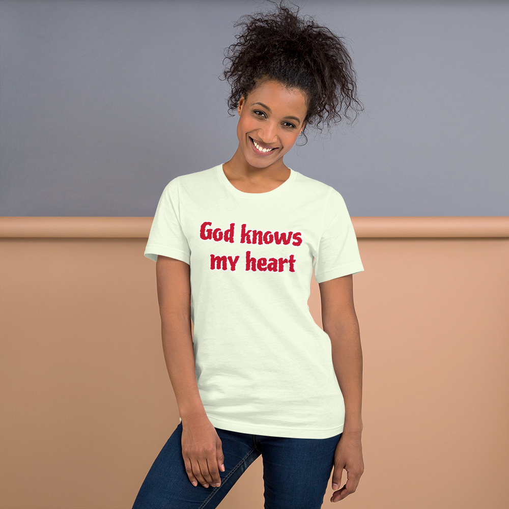 Unisex Staple Citron T-shirt with God Knows my Heart in Red letters