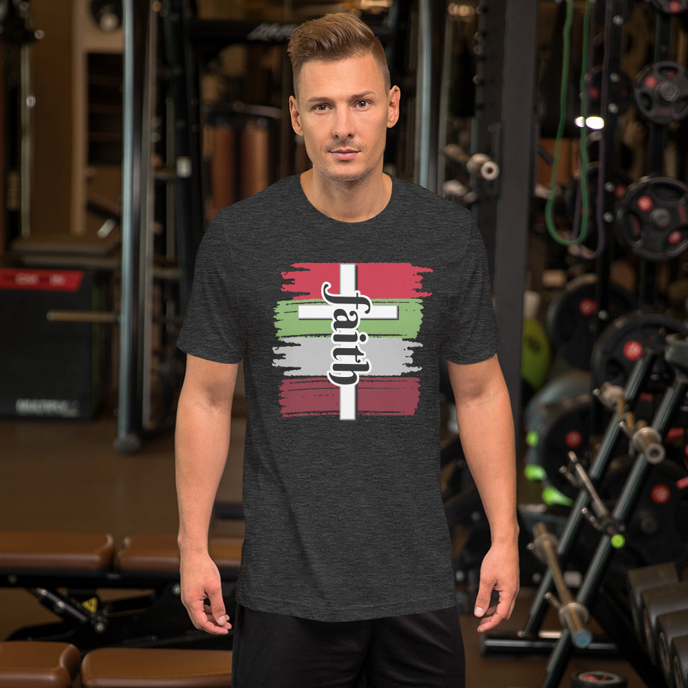 Dark Grey Unisex t-shirt with faith in Black letters, white cross and four different brushes colors