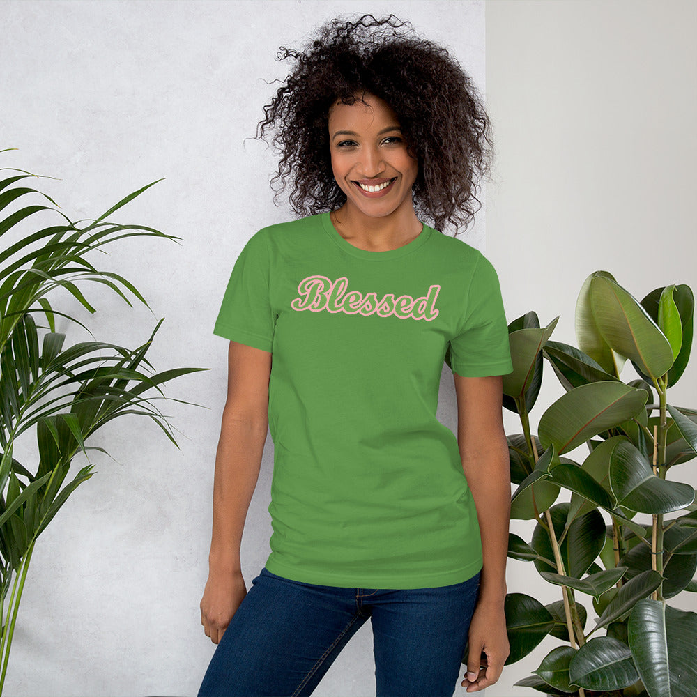 Unisex Leaf Short-Sleeve T-Shirt with Blessed in Green and Pink