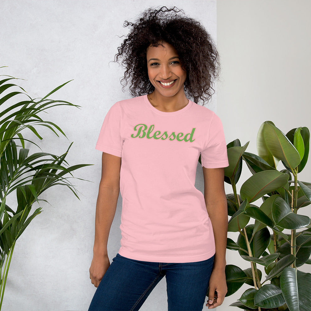 Unisex Pink Short-Sleeve T-Shirt with Blessed in Green and Pink