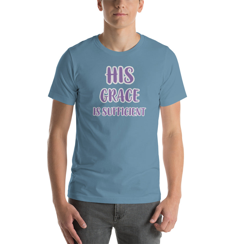 Unisex Short Sleeve Blue T-Shirt with His Grace is sufficient in Purple letters lined in White