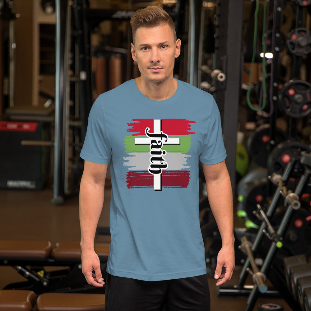 Blue Unisex t-shirt with faith in black letters, white cross and four different brush colors