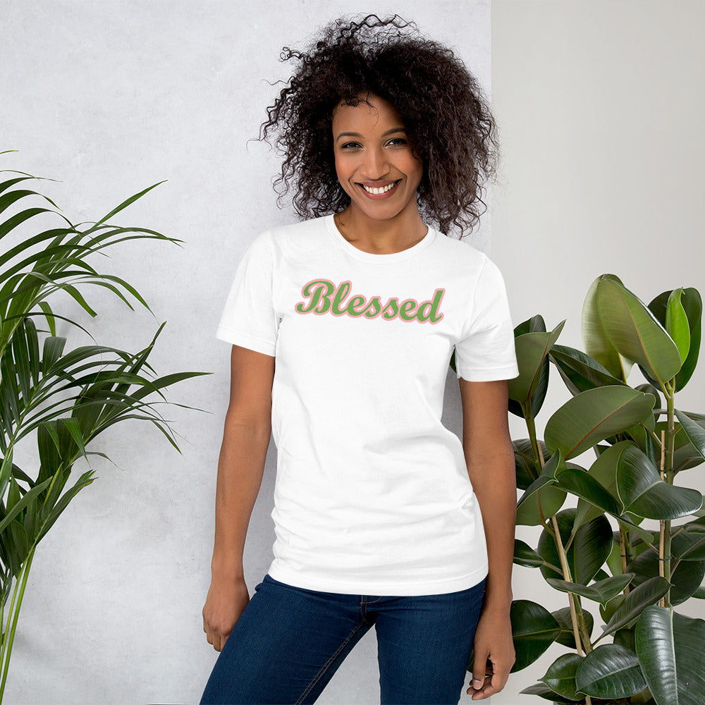 Unisex White Short-Sleeve T-Shirt with Blessed in Green and Pink