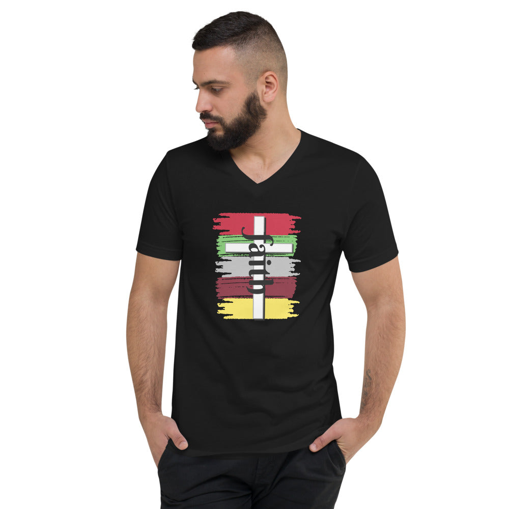 Unisex Black V-neck Tee with five brush colors in Red, Green Grey, Maroon and Yellow and a White cross with Faith in black letters