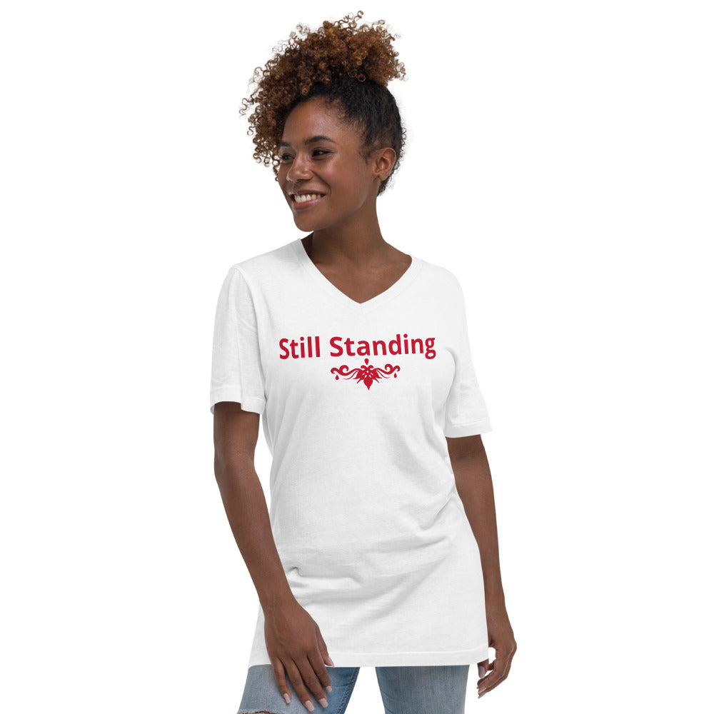 Unisex V-neck T-shirt with Still Standing in Red and a Red synbol