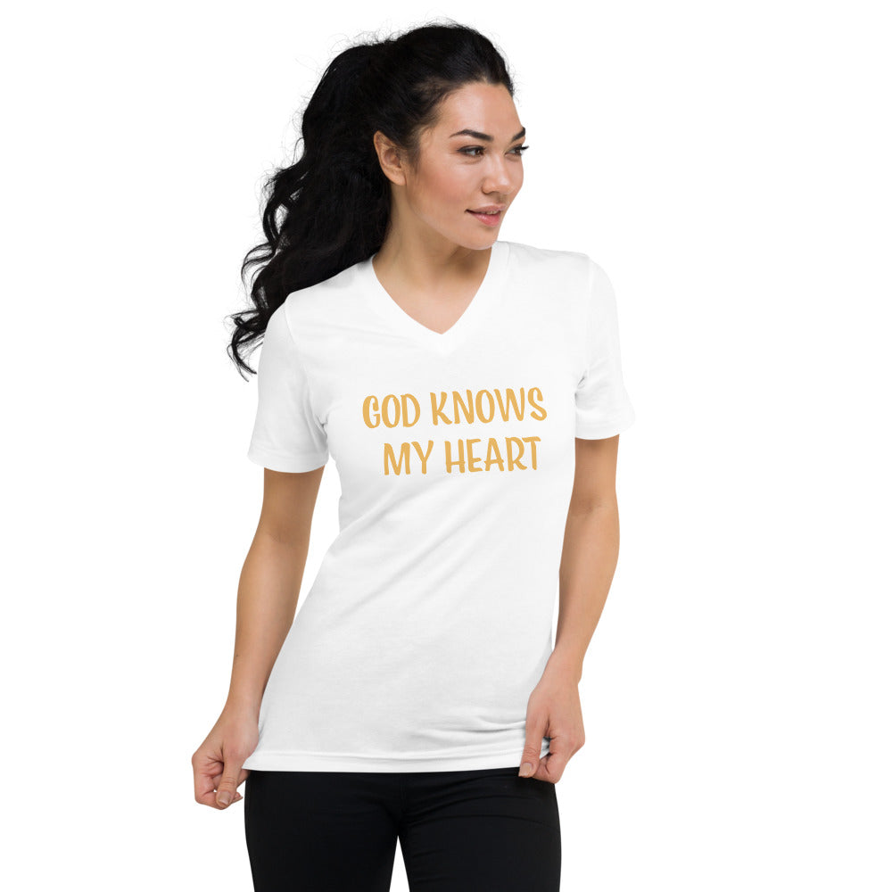 Unisex White V-neck Tee with God Knows my Heart in Gold letters