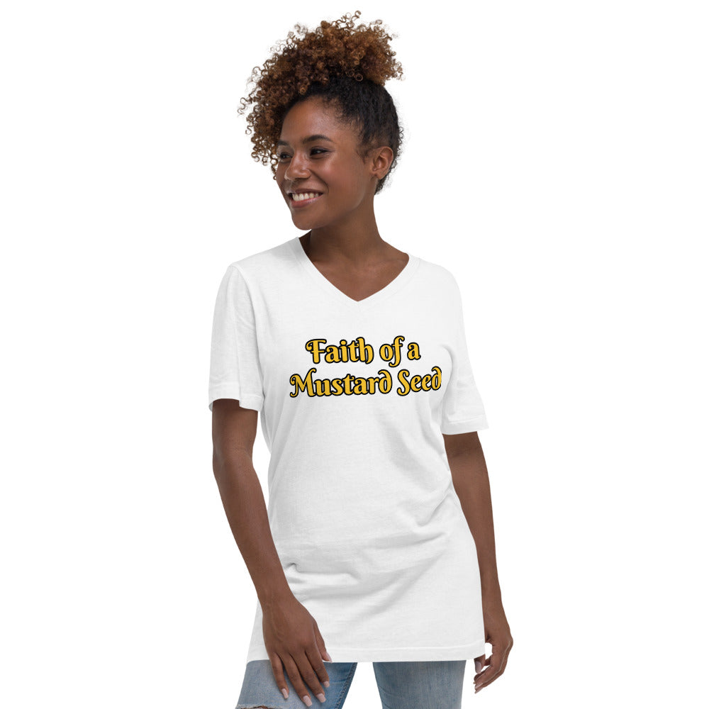 Unisex white V-Neck with FAITH OF A MUSTARD SEED in Yellow letters