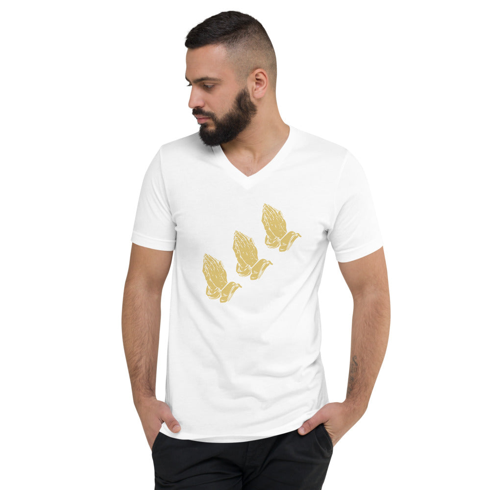 Unisex white V-Neck with Three Gold Praying Hands