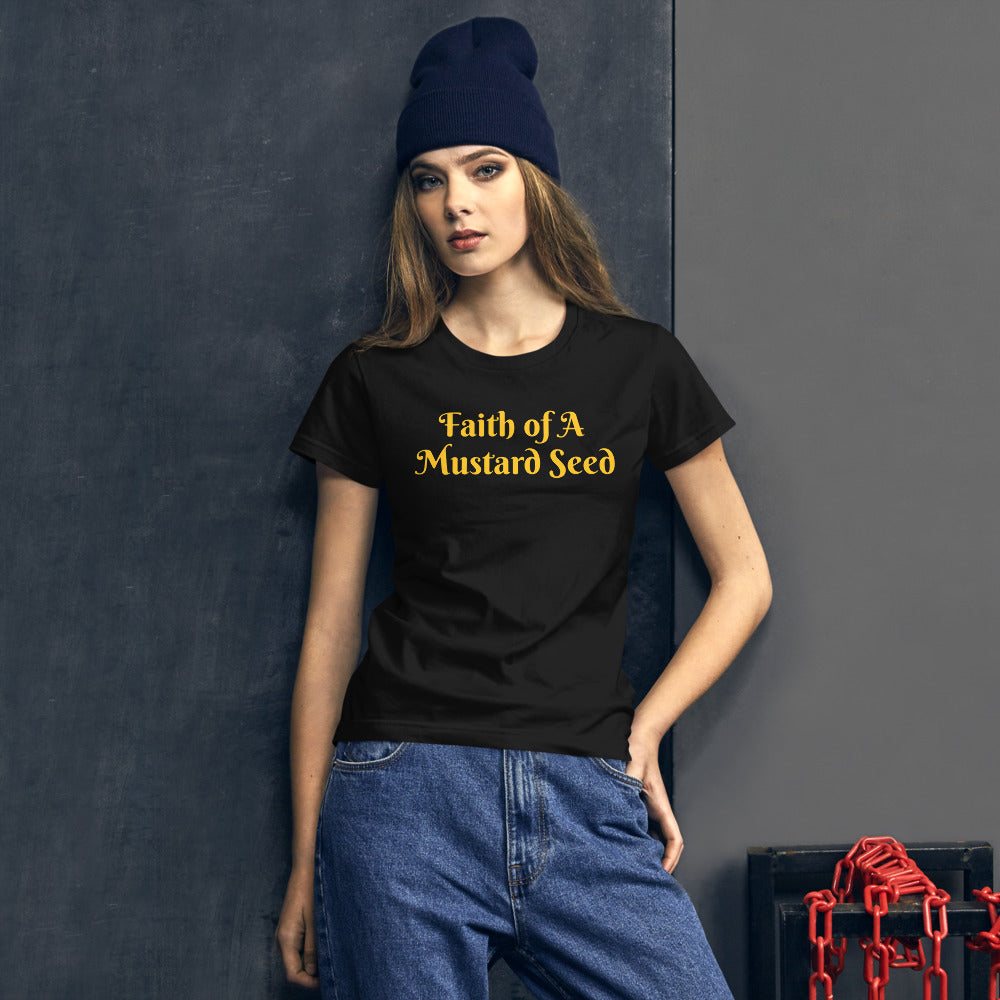 Women's Black t-shirt with Faith of A Mustard Seed in Yellow