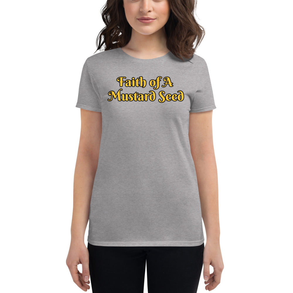 Women's heather grey with Faith of A Mustard Seed in yellow letters and outlined in black