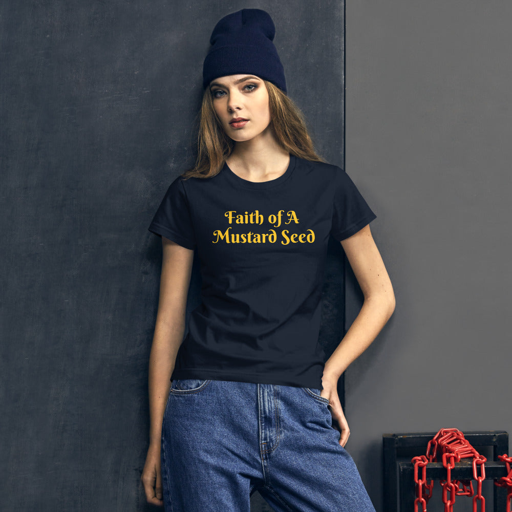 Women's Navy T-shirt with Faith of A Mustard Seed in yellow letters