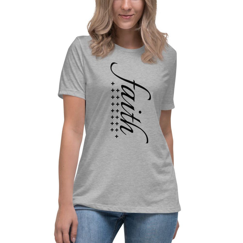 Women's Athletic heather T-shirt with Faith in black letters and a line of black crosses on the side