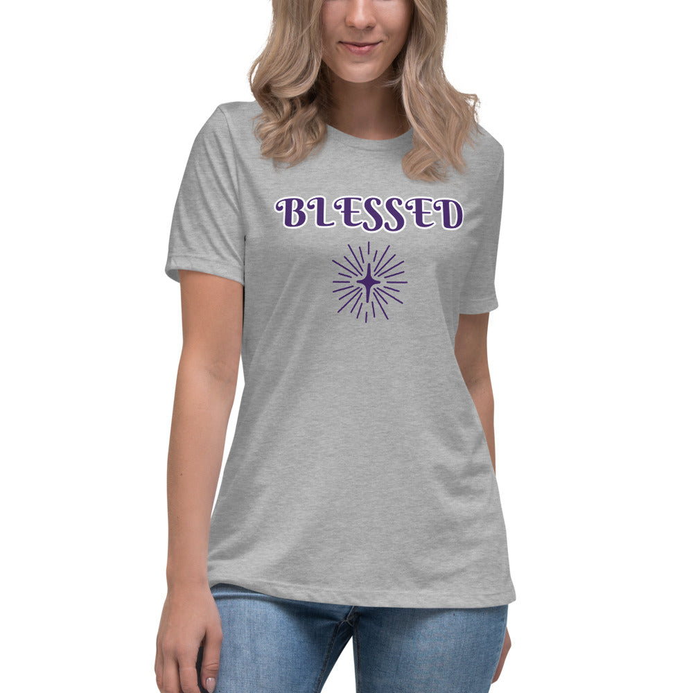 Women's Athletic heather T-shirt with Blessed in Purple letters and outlined in white with a purple symbol