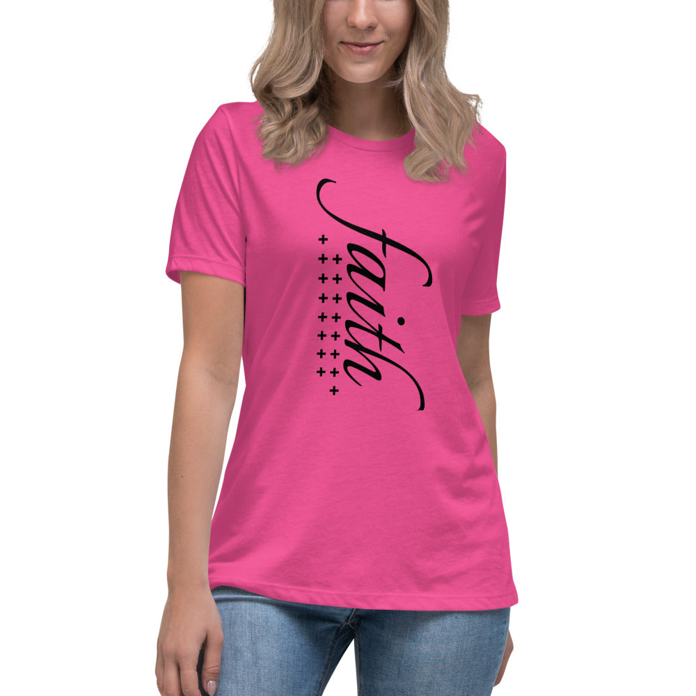 Women's Berry T-shirt with the word of Faith in Black letters and a line of black crosses on the side