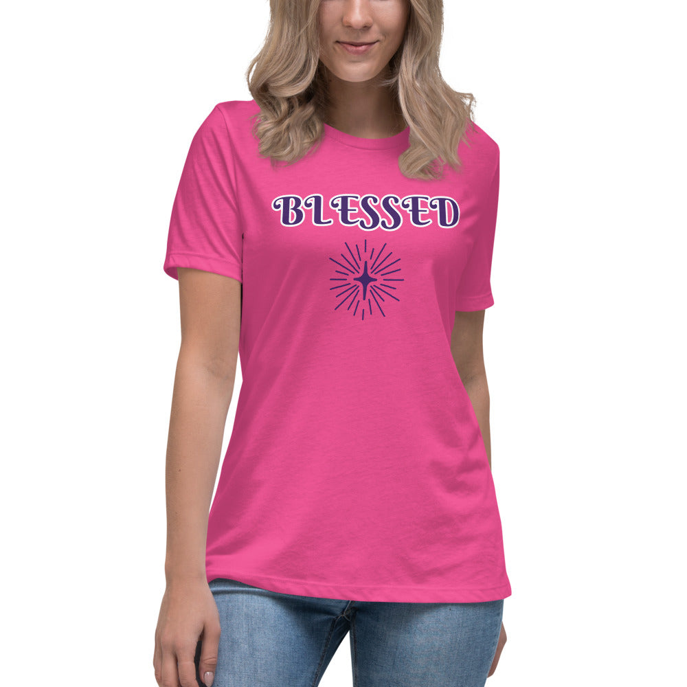 Women's Berry T-shirt with Blessed in purple and outlined in white and a purple symbol