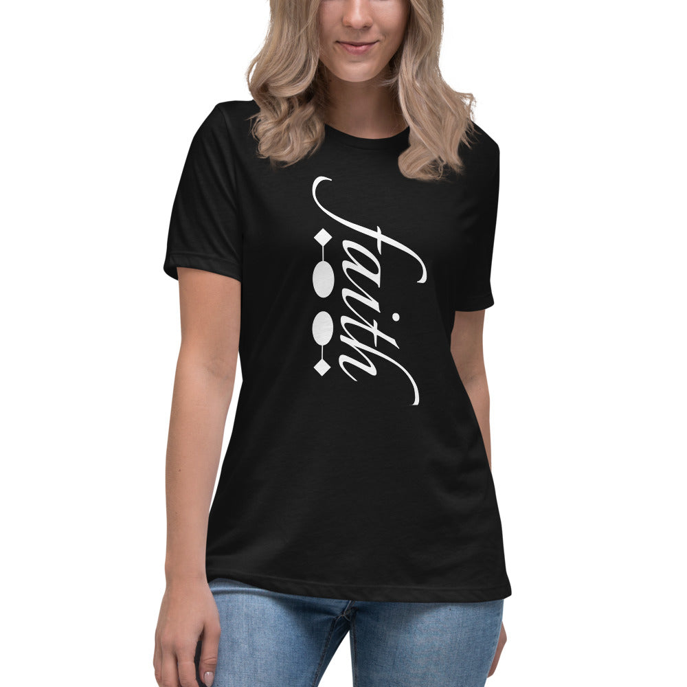 Women's Black T-shirt with the word Faith in White letters and a symbol in white on the side