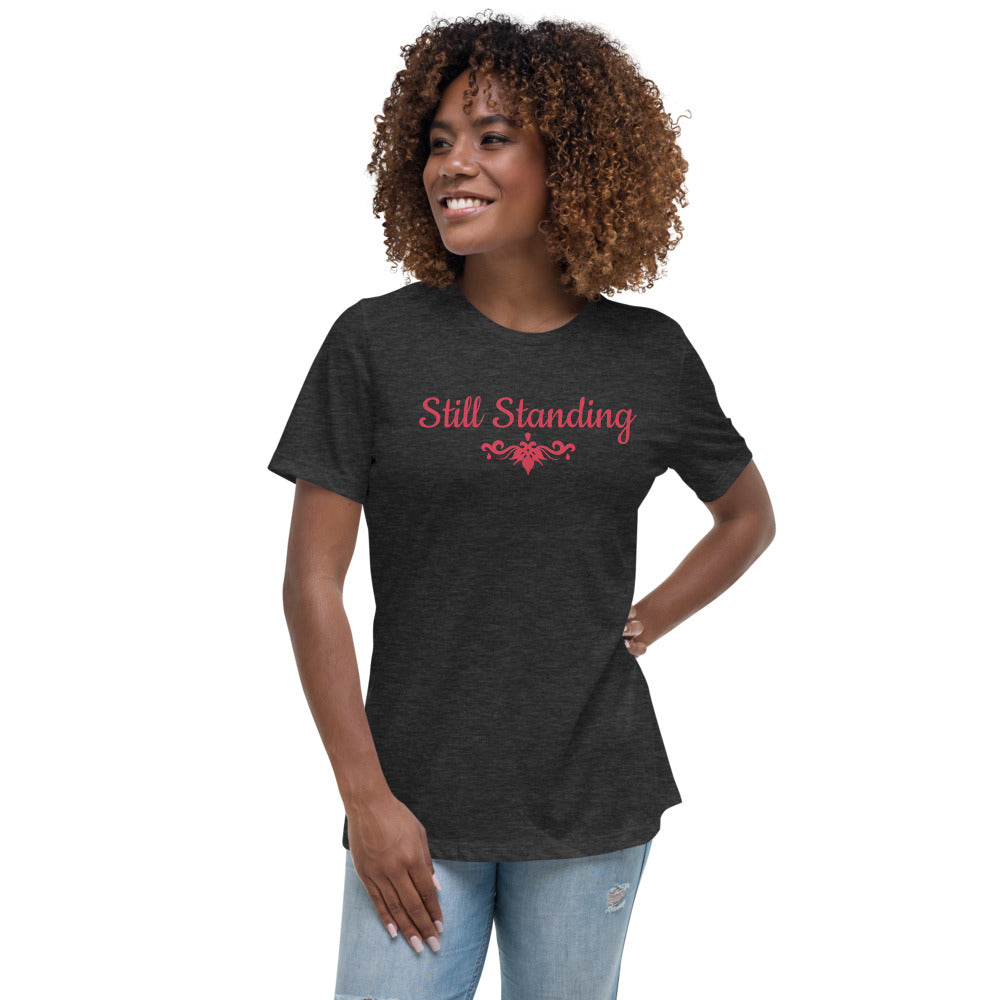 Women's relaxed grey heather t-shirt with STILL STANDING AND A SYMBOL in Red letters