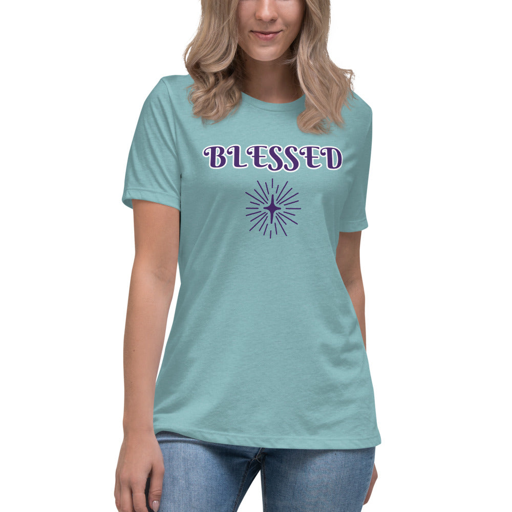 Women's heather Blue T-shirt with Blessed in purple letter and outlined in white with a purple synbol