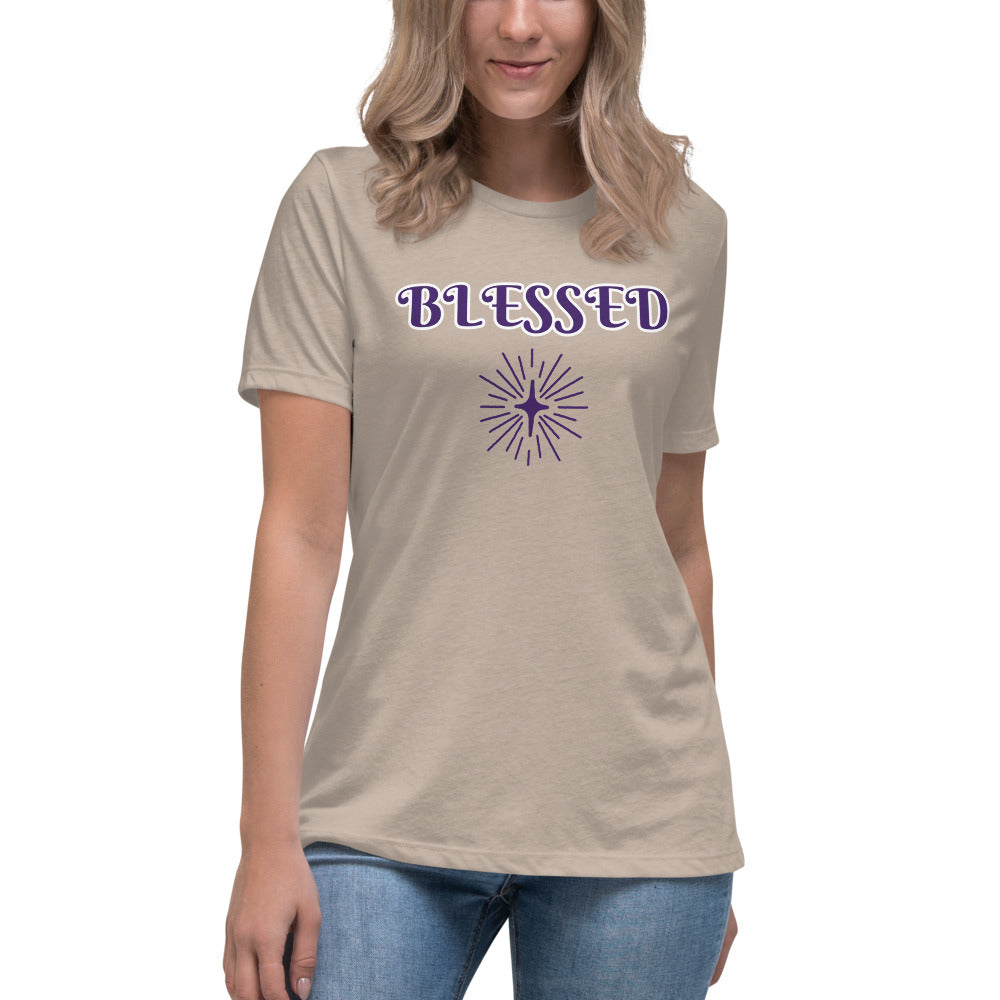 Women's heather stone T-shirt with Blessed in purple letters and outlined in white with a purple symbol