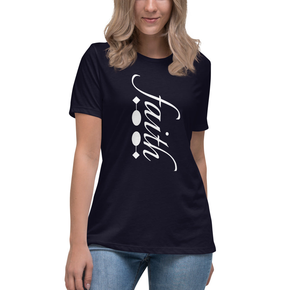Women's Navy T-shirt with the word Faith in white letters and a white symbol on the side
