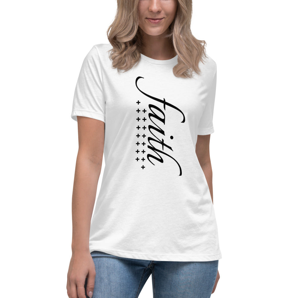 Women's White T-shirt with the word Faith in White letters and a line of black crosses on the side