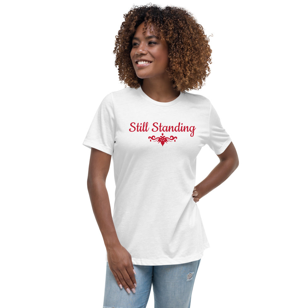 Women's relaxed white t-shirt with STILL STANDING AND A SYMBOL in Red letters