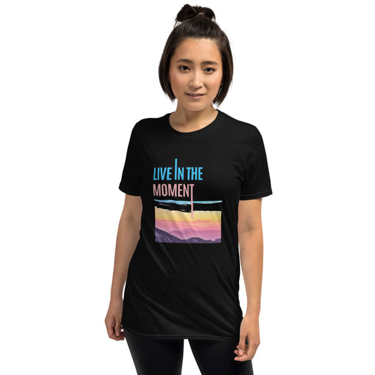 Black Unisex Short-Sleeve T-Shirt with, Live In The Moment with Blue/Pink/Yellow letters