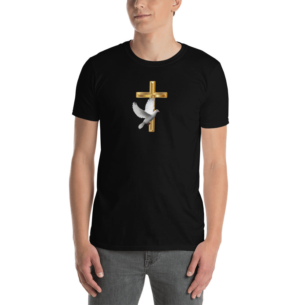 Unisex Black T-Shirt with a Gold cross & White Dove 