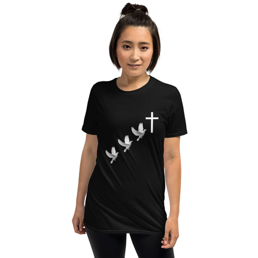 Unisex soft-style black t-shirt with three white doves and a white cross