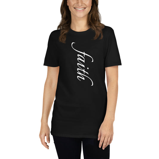 Unisex soft-style black t-shirt with FAITH written in White letters