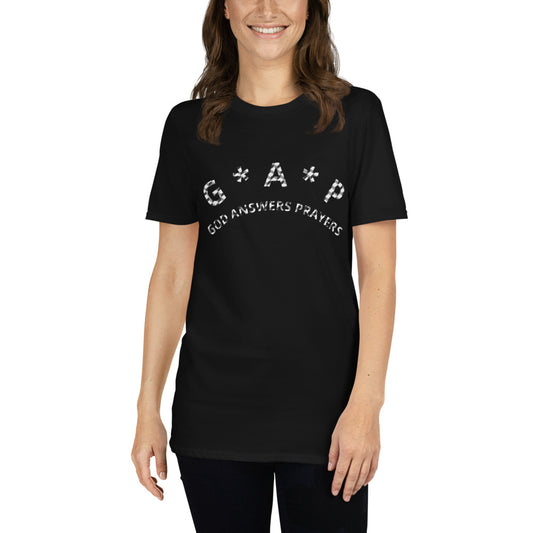 Unisex Soft-style black T-shirt with G. A, P(God answers prayers in Silver and black