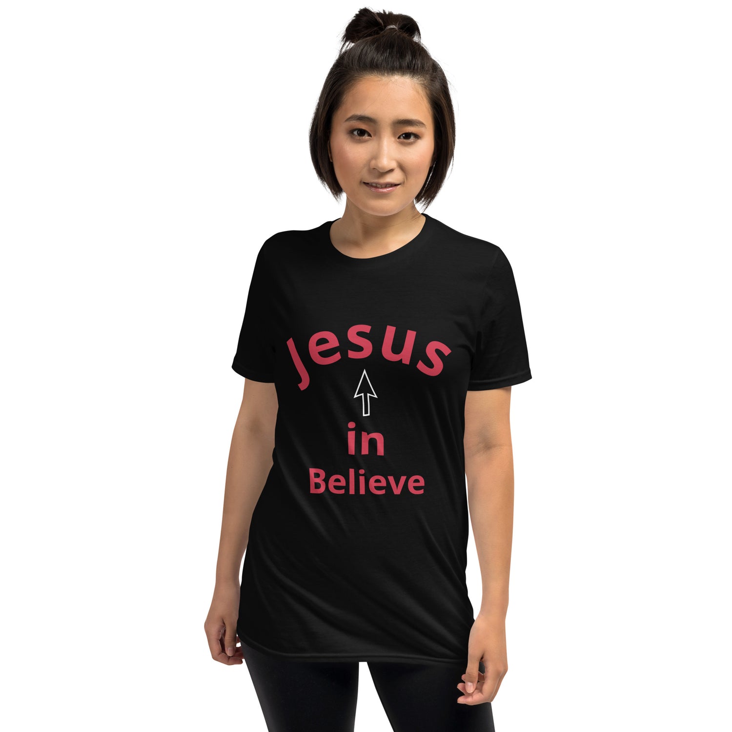 Unisex Soft-style Black T-shirt with Believe ib Jesus in Red letters and a White arrow