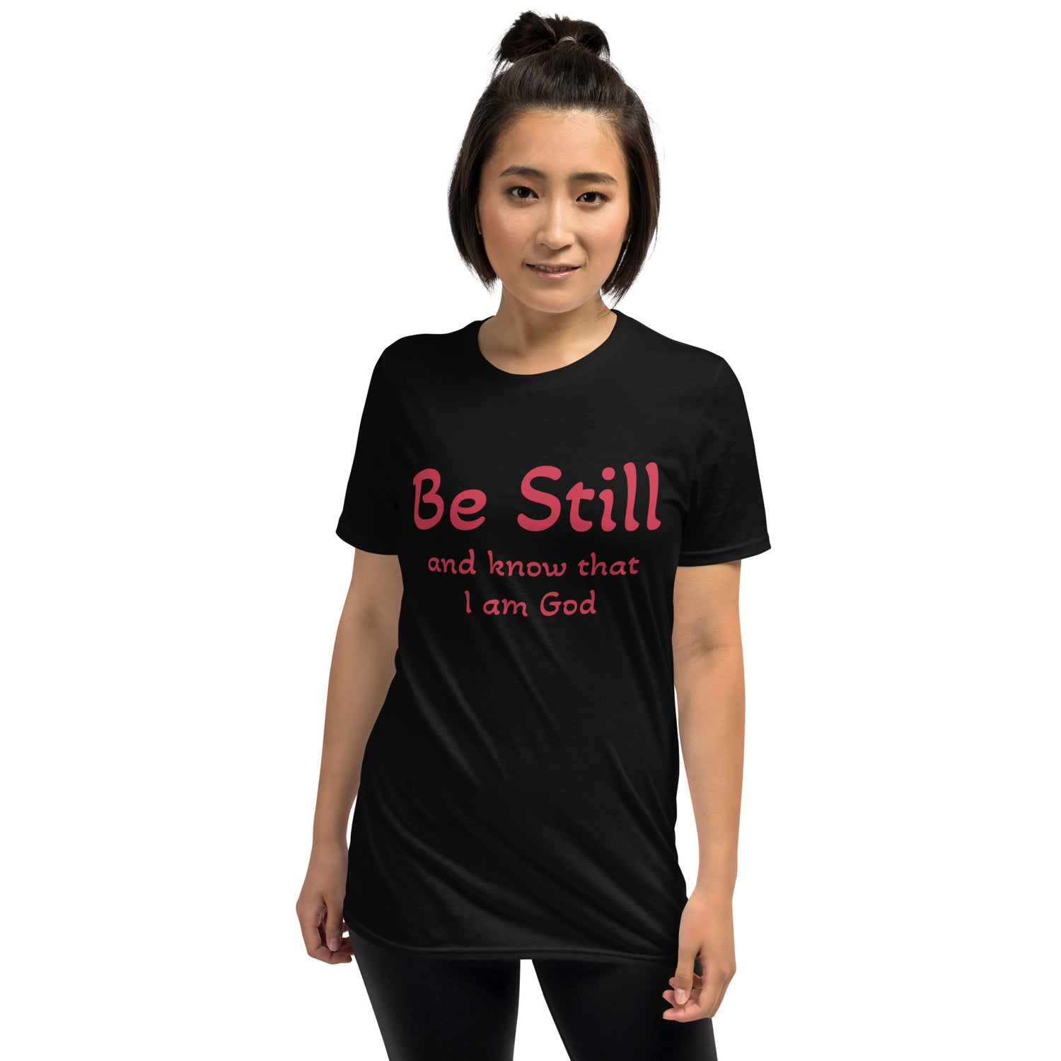 Unisex soft-style T-shirt with Be Still and Know that I am God in Red letters