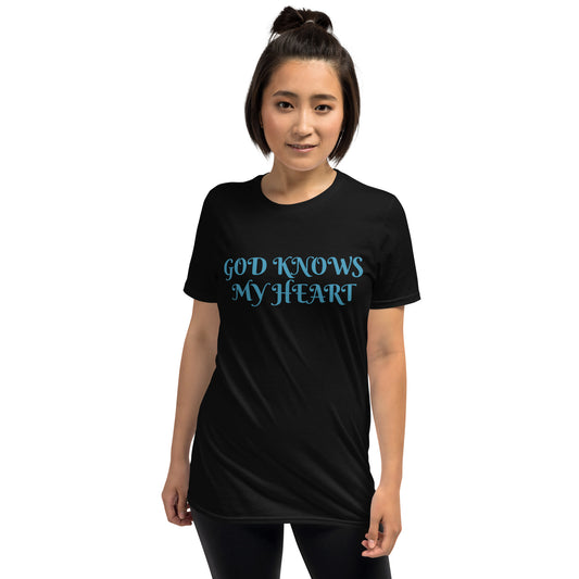 Unisex soft-style Black T-shirt with God Knows My Heart in Blue letters