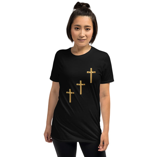 Unisex soft-style Black t-shirt with three gold crosses