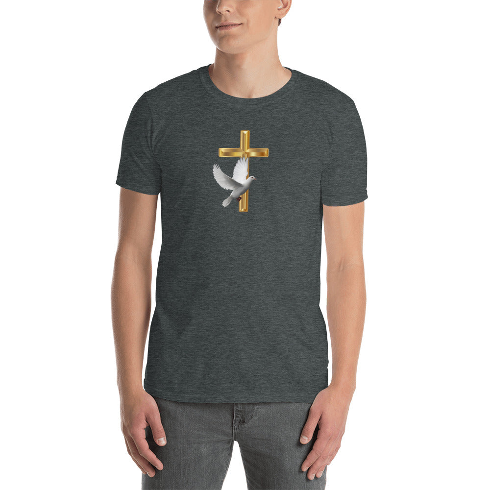 Unisex Dark Heather T-Shirt with Gold Cross & White Dove