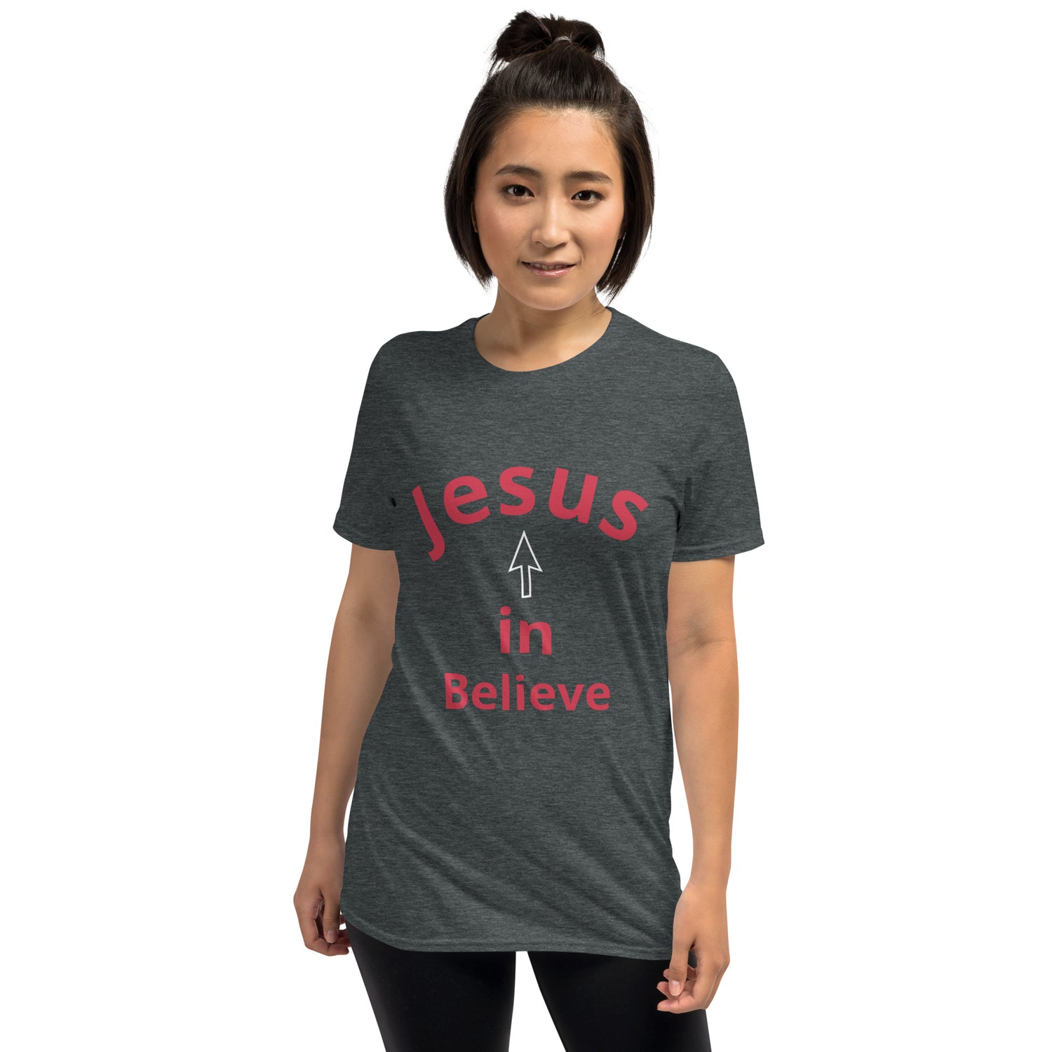 Unisex soft-style dark heather T-shirt with Believe in Jesus in Red letters with a White arrow 