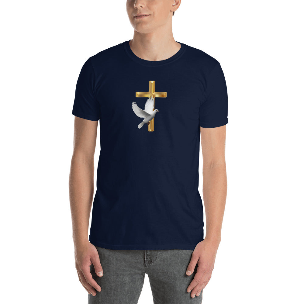 Unisex Navy T-Shirt with Gold Cross & White Dove 