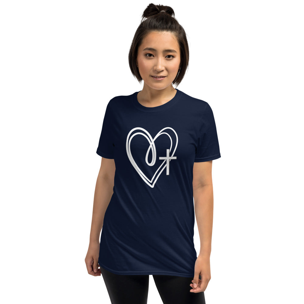 Unisex soft-style t-shirt with TWO HEARTS AND A CROSS in white