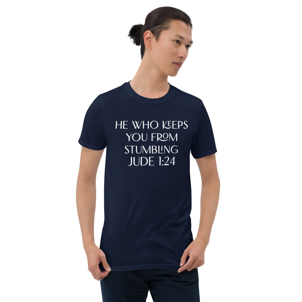 Unisex soft-style Navy T-shirt with HE WHO KEEPS YOU FROM STUMBLING. JUDE 1:24