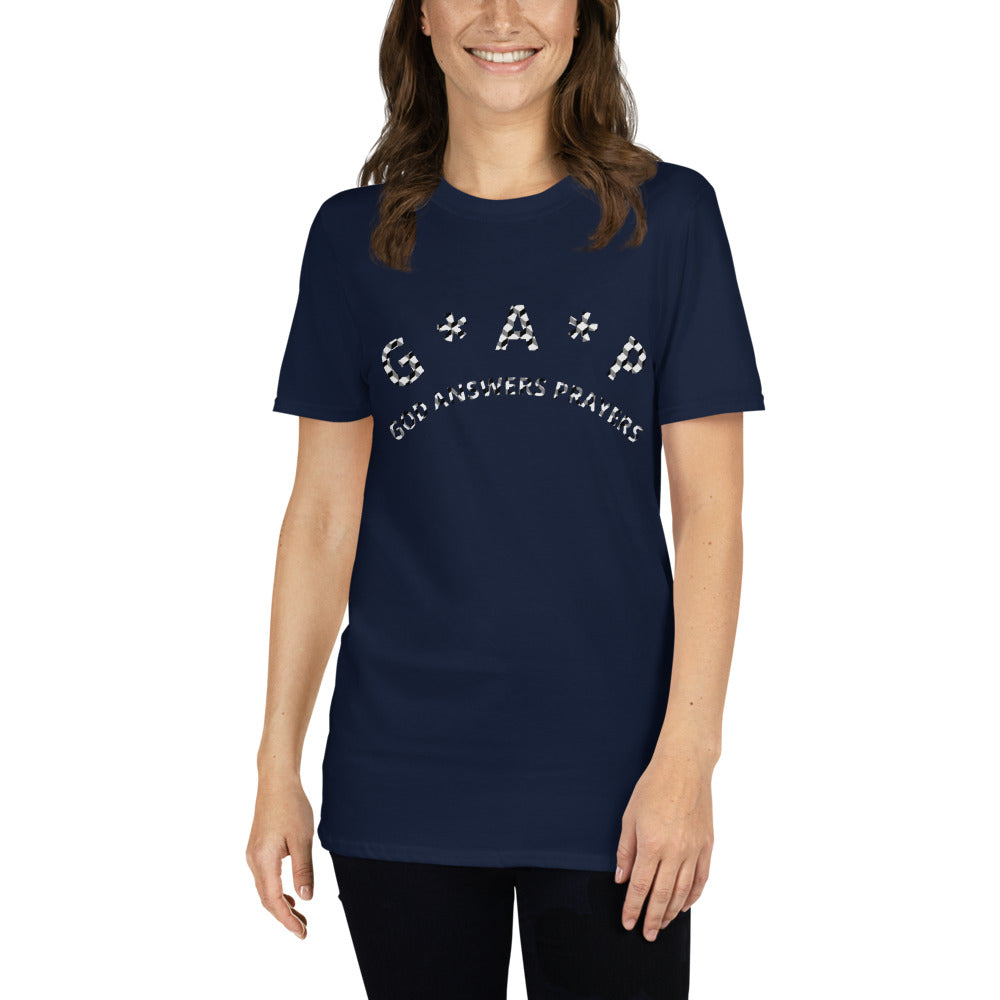 Unisex Soft-style Navy T-shirt with G,A.P(God Answers Prayers) in Silver and Black letters