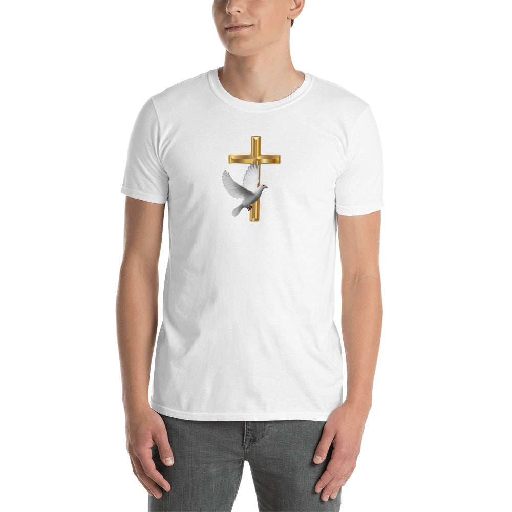 Unisex White T-Shirt with Gold Cross & White Dove