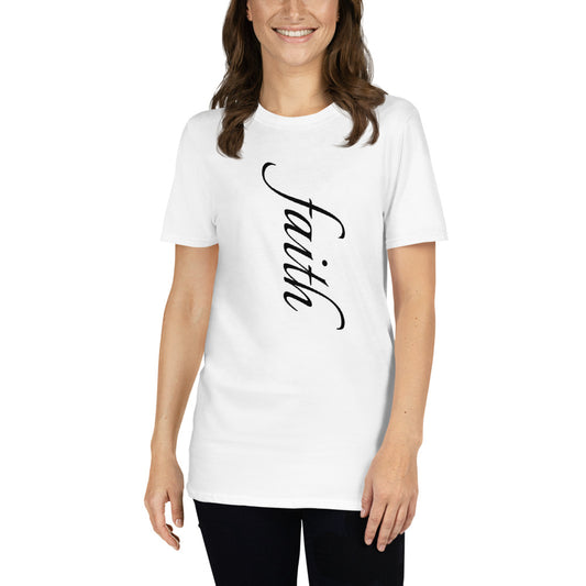 Unisex soft-style white t-shirt with FAITH written in black letters