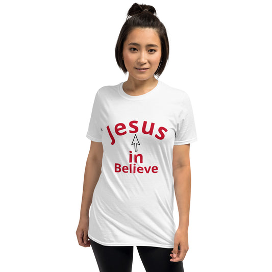 Unisex soft-style White T-shirt with Believe in Jesus in Red letters and the arrow in WHite