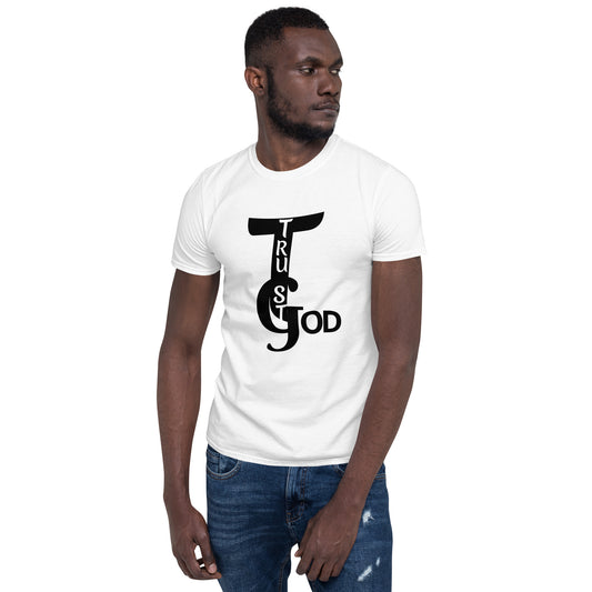 Unisex basic softy-style White T-shirt with Trust in White letters with T and  God in Black letters